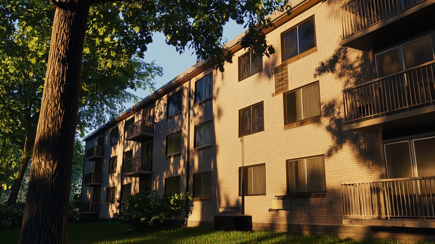 Exterior of a multi-story apartment building with shaded balconies and surrounding trees casting shadows in the sunlight.