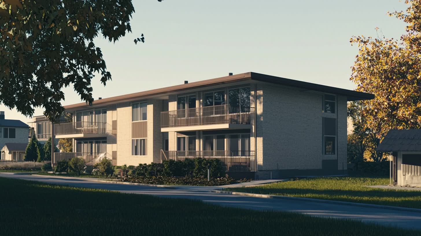 Exterior of a multi-family apartment building with balconies, illuminated by sunlight filtering through surrounding trees.